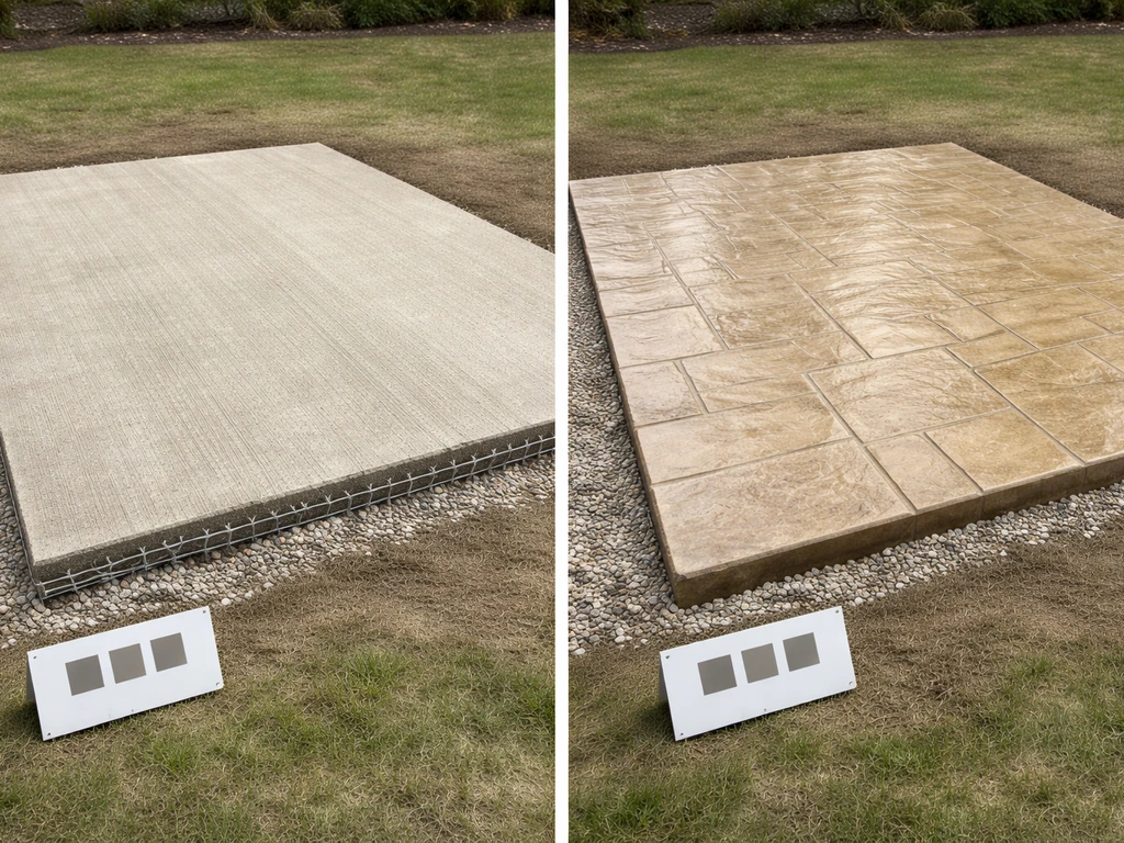 Side-by-side patio slabs: left broom-finish unsealed, right stamped and sealed, similar footprint.