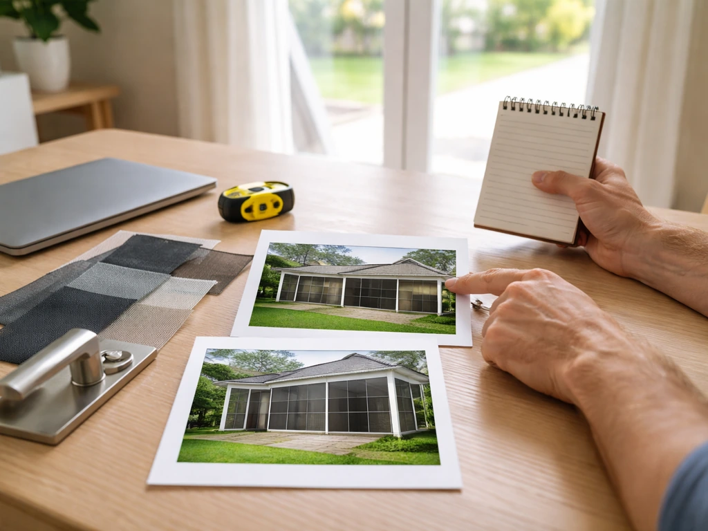 Hands compare screened-patio upgrade options and material samples on a table near a patio door.