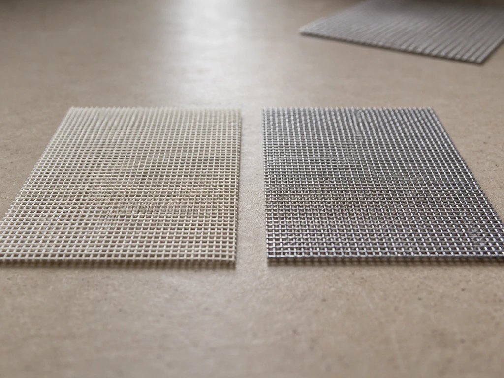 Close-up textures of fiberglass and aluminum screen mesh panels side by side in soft natural light.
