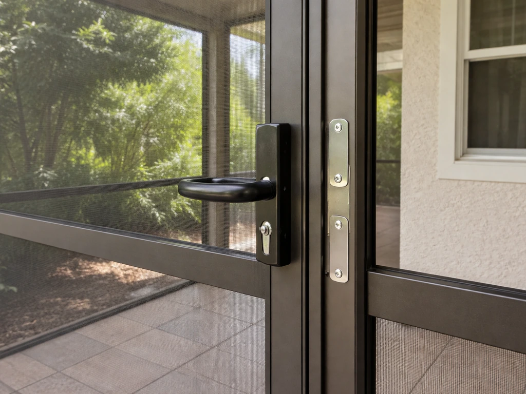 Close view of a hinged aluminum screen door in an exterior frame with visible hardware and mesh.