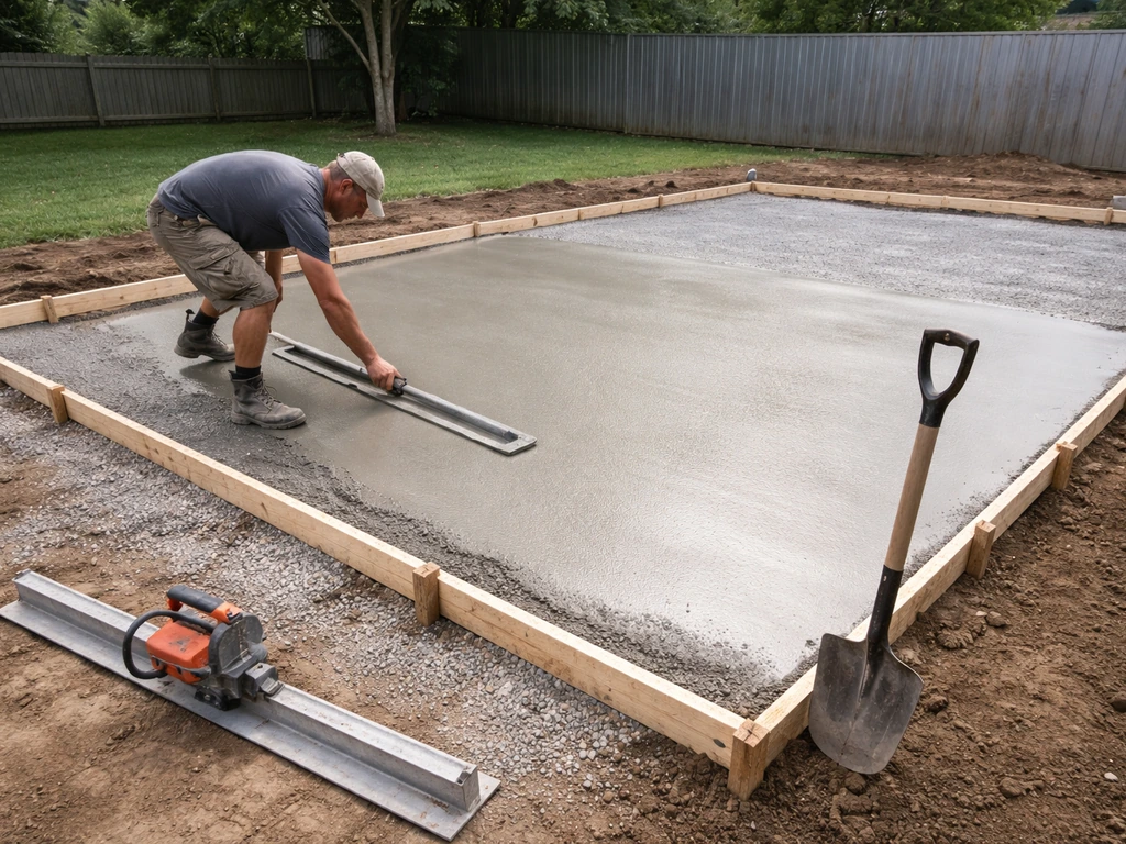 Contractor finishing a newly formed concrete slab for a screened patio in a graded backyard