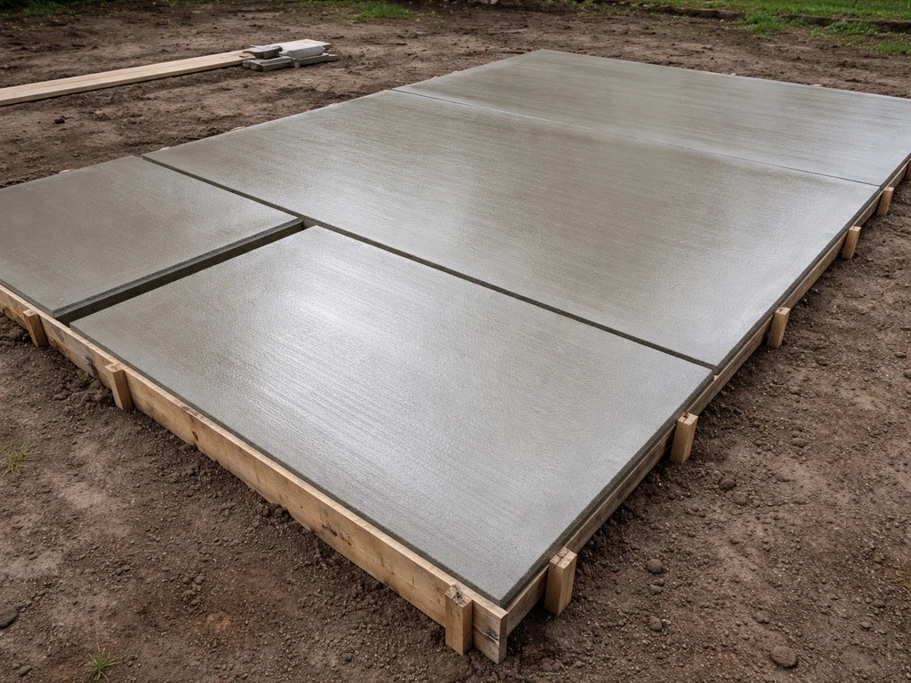 Minimal view of a newly poured concrete patio slab with visible forms and edges in a quiet backyard