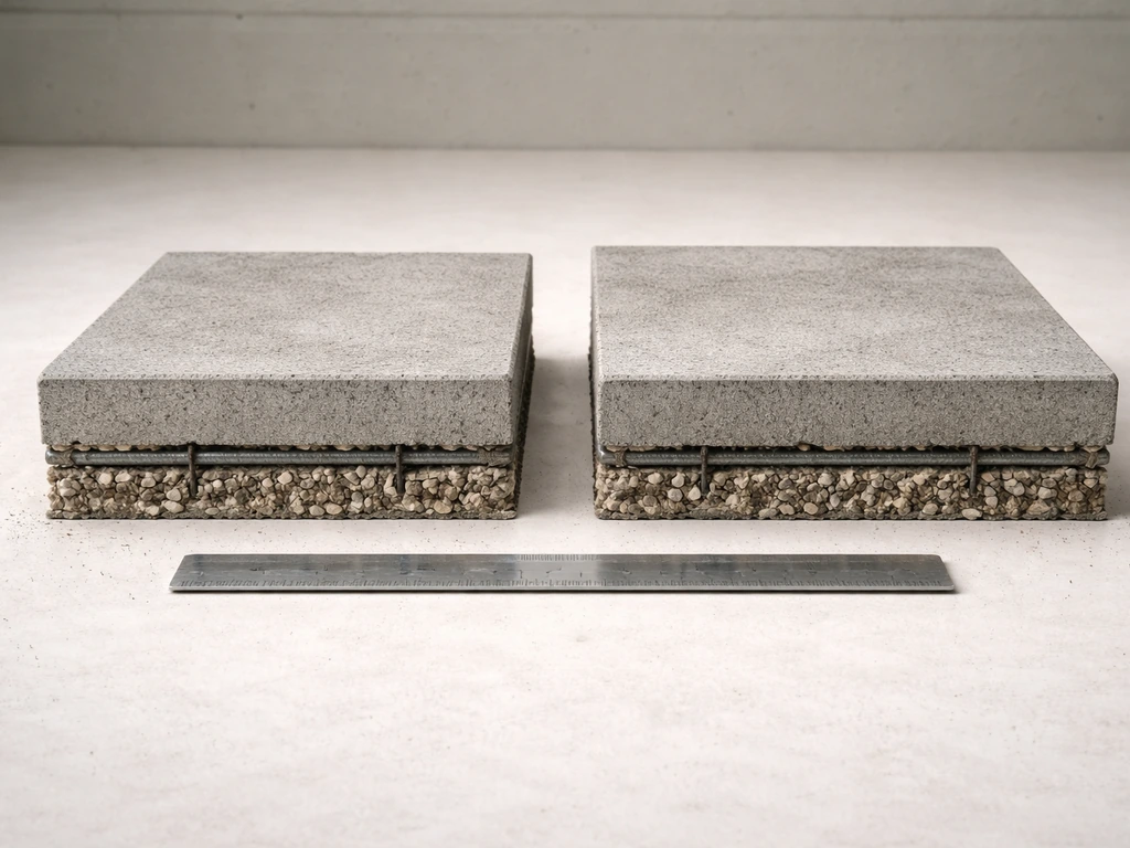Minimal side-by-side concrete patio slabs showing 3.5-inch vs 4-inch thickness difference.