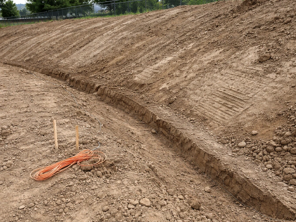 Sloped excavation site with grading and drainage cues, showing challenging ground for higher labor effort.
