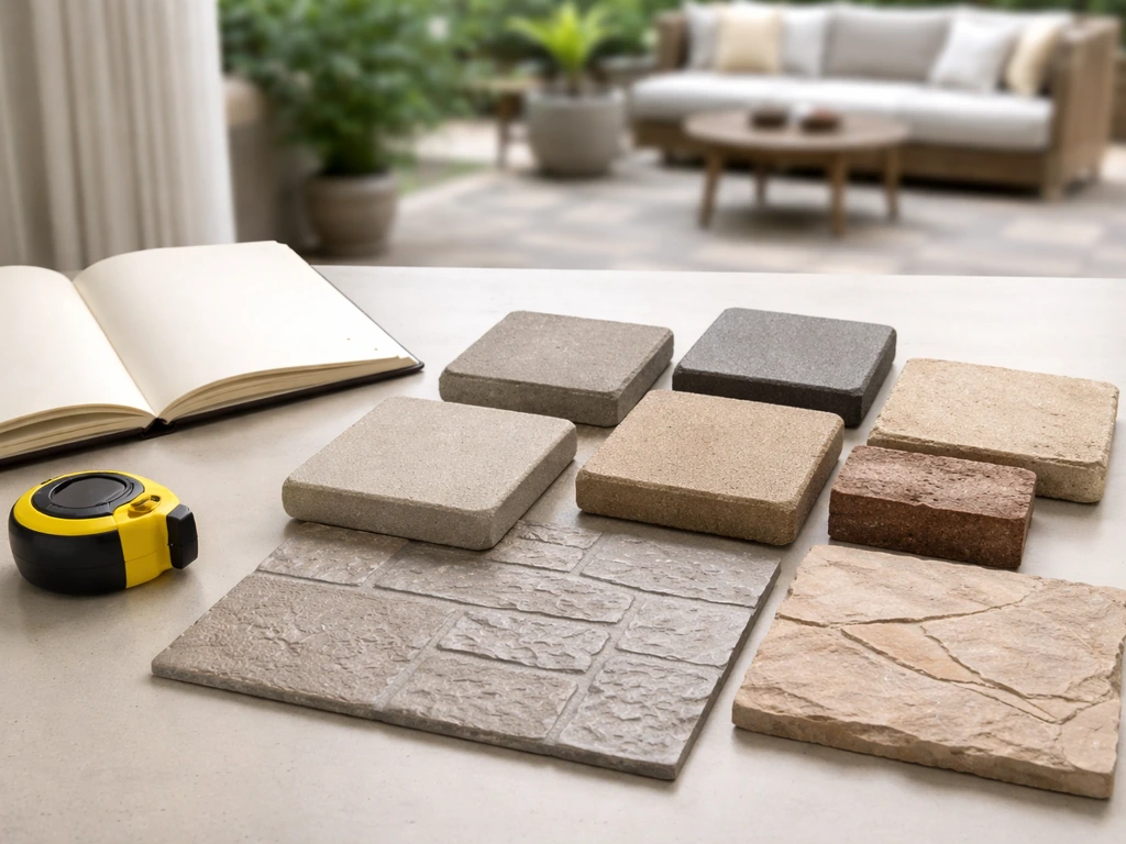 Minimal photo of a patio material estimate scene with concrete pavers and a blurred calculator, no text.