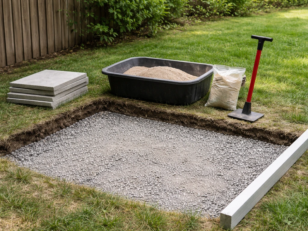 Minimal photo of patio base preparation materials and tools, suggesting cost layers of materials, labor, and base prep.