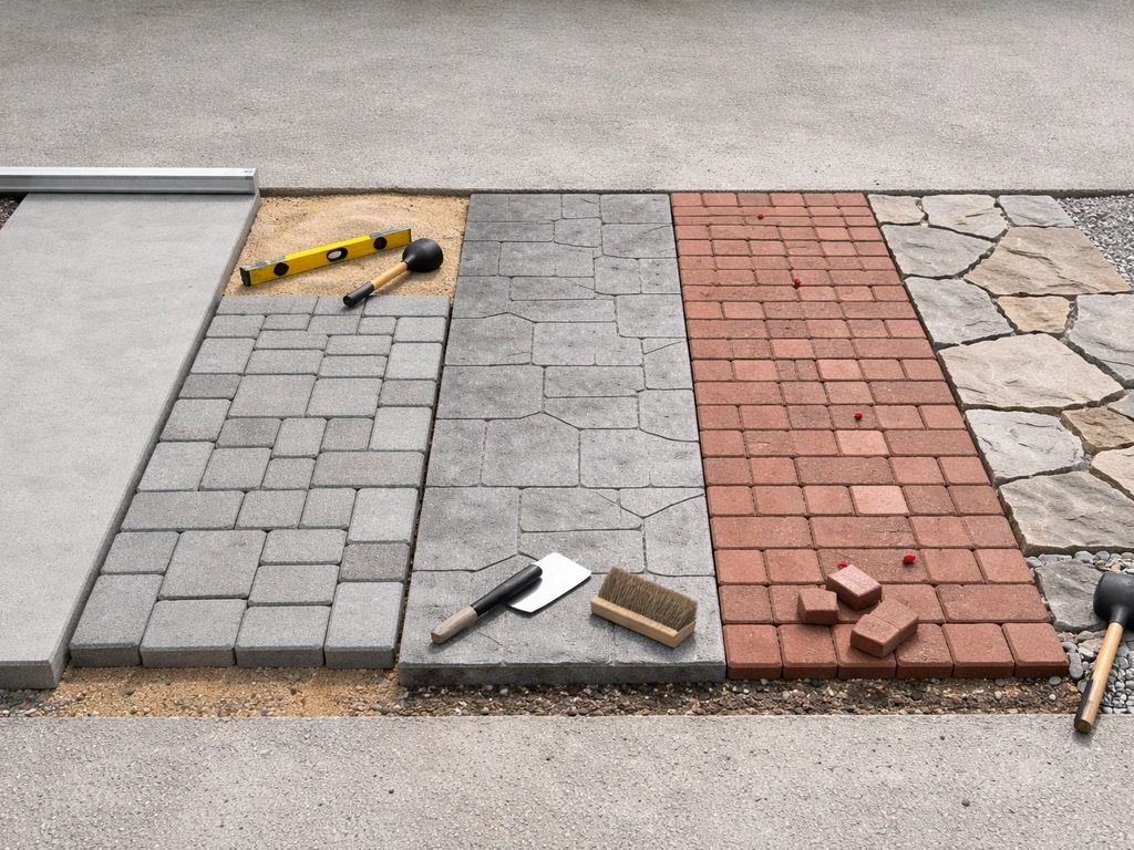 Minimal patio material scene showing concrete, pavers, stamped concrete, brick, and flagstone with visible installation