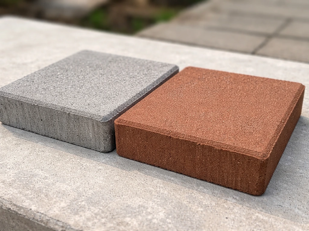 Side-by-side close-up of concrete and clay pavers showing different color, texture, and thickness.