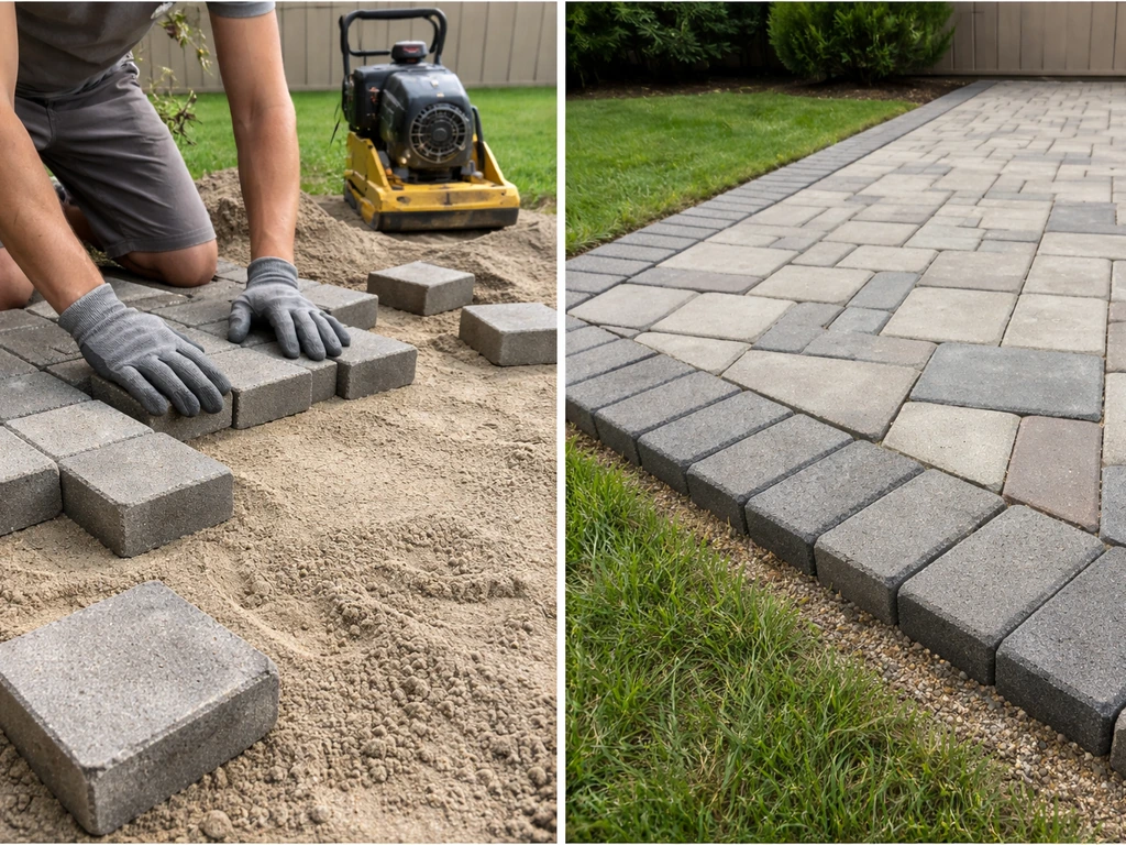 Two-panel style photo: DIY patio paver laying with plate compactor beside a neatly finished brick patio edge.