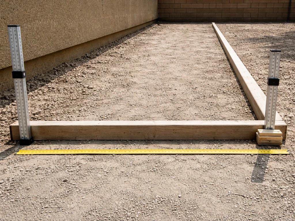 Minimal side view of a straight edge and measuring tape showing a 1/4-inch-per-foot slope with a visible 2-inch drop ove