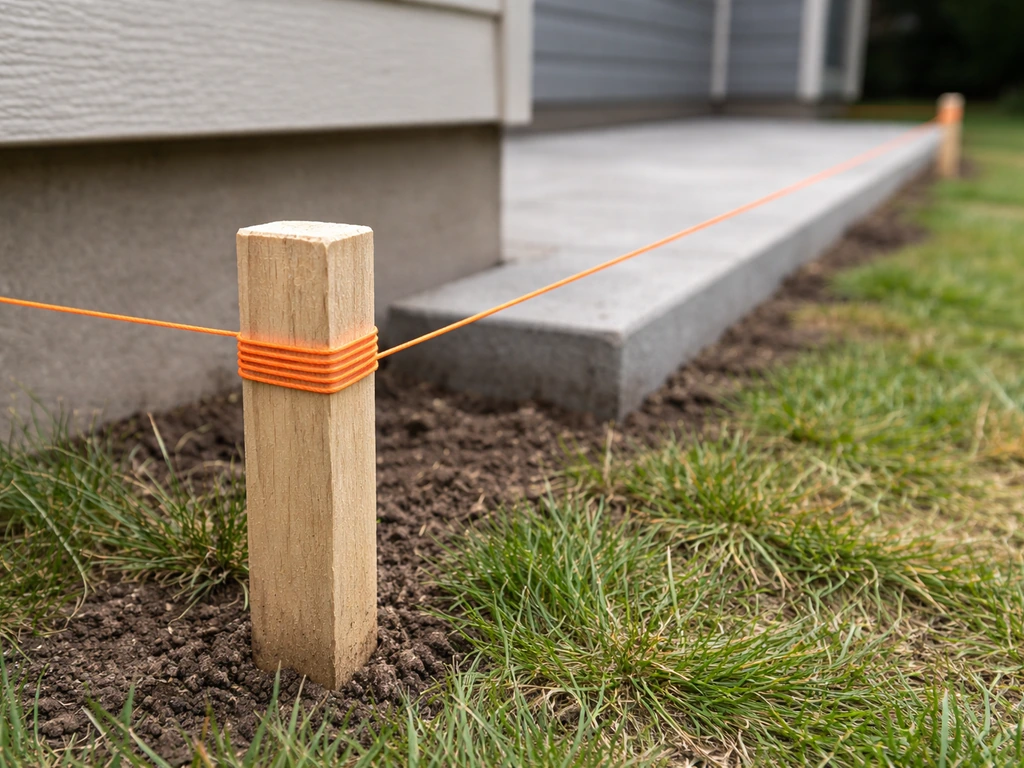 Taut string line stretched between stakes marking patio height near a house wall edge.