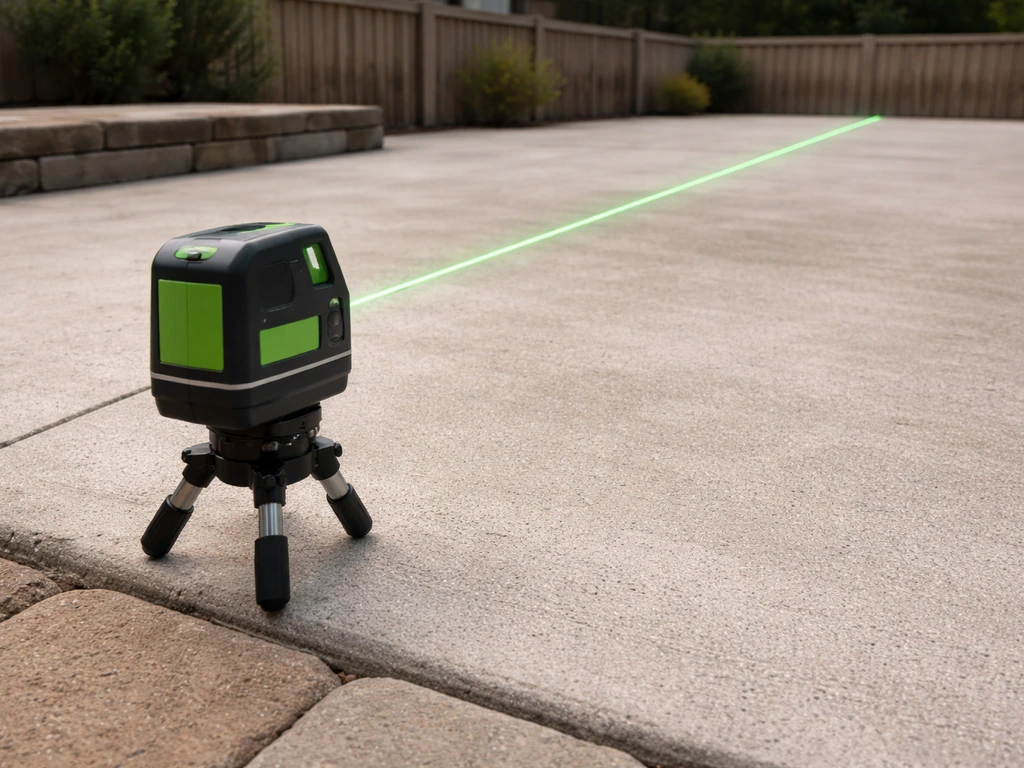 A handheld laser level projecting a bright reference line across a patio for consistent slope.