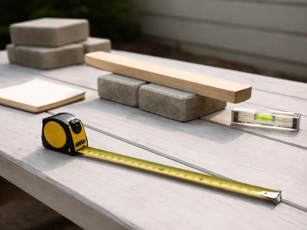 Minimal close-up of patio slope math with a tape measure, slope stick, and small concrete samples on a workbench