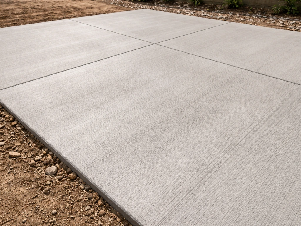 Newly poured broom-finished concrete patio slab in natural daylight, minimal backyard setting.