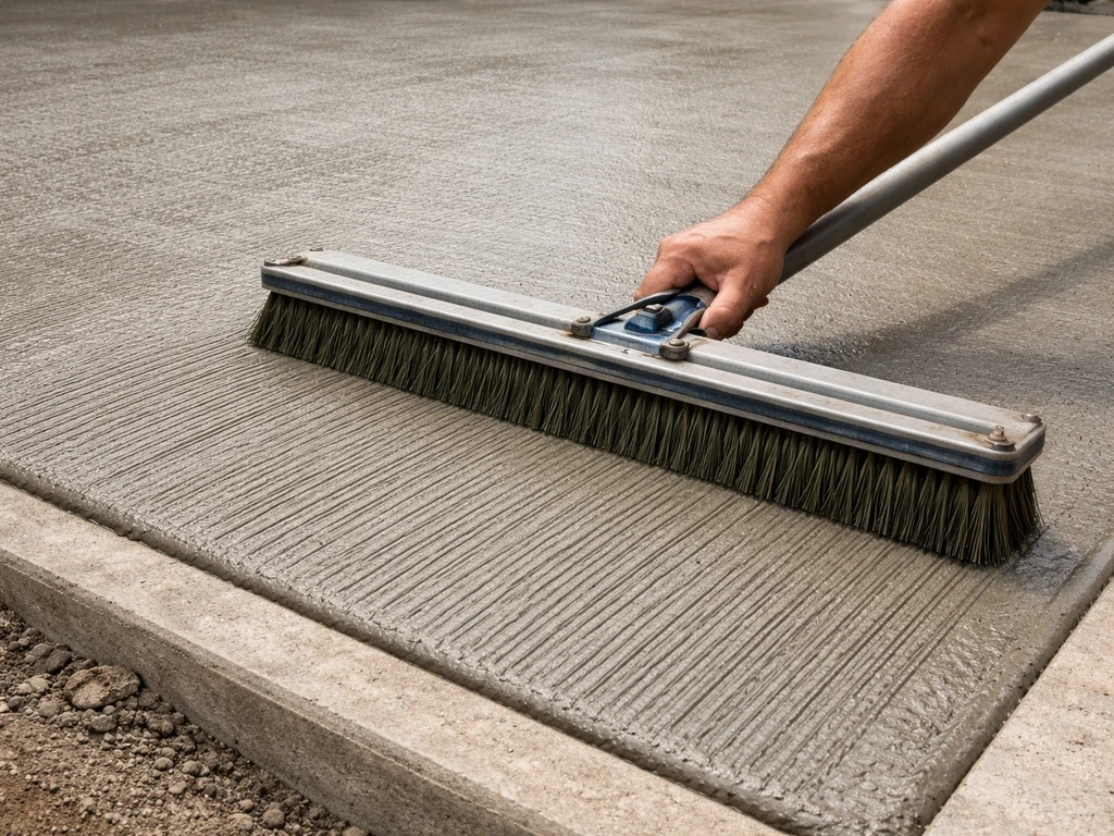 Close-up of a fresh broom-finished concrete patio slab surface with visible broom texture.