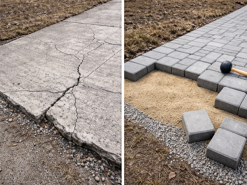 Split view: cracked heaved concrete slab beside a simple paver base section lifted for relaying
