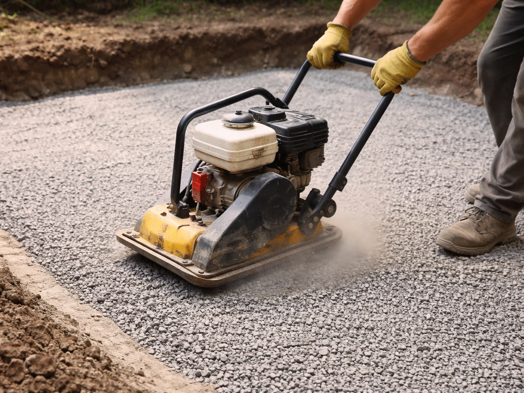 Worker using a vibrating plate compactor on compacted gravel base for a new patio