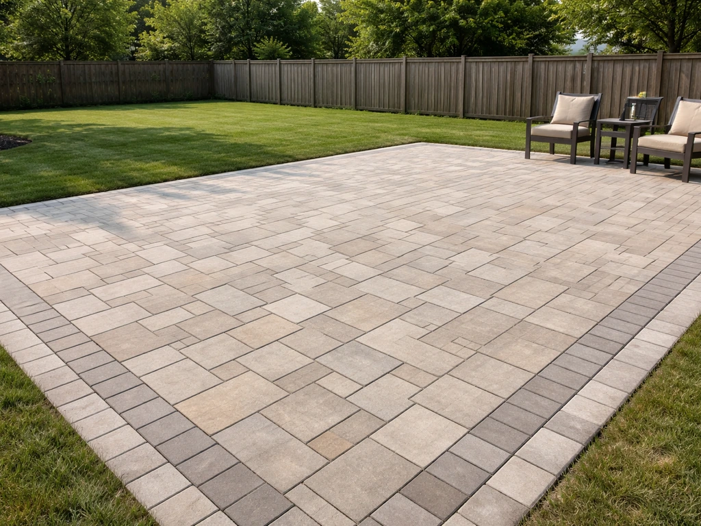 Expansive finished backyard patio with paver stones and clean edges in bright natural light.