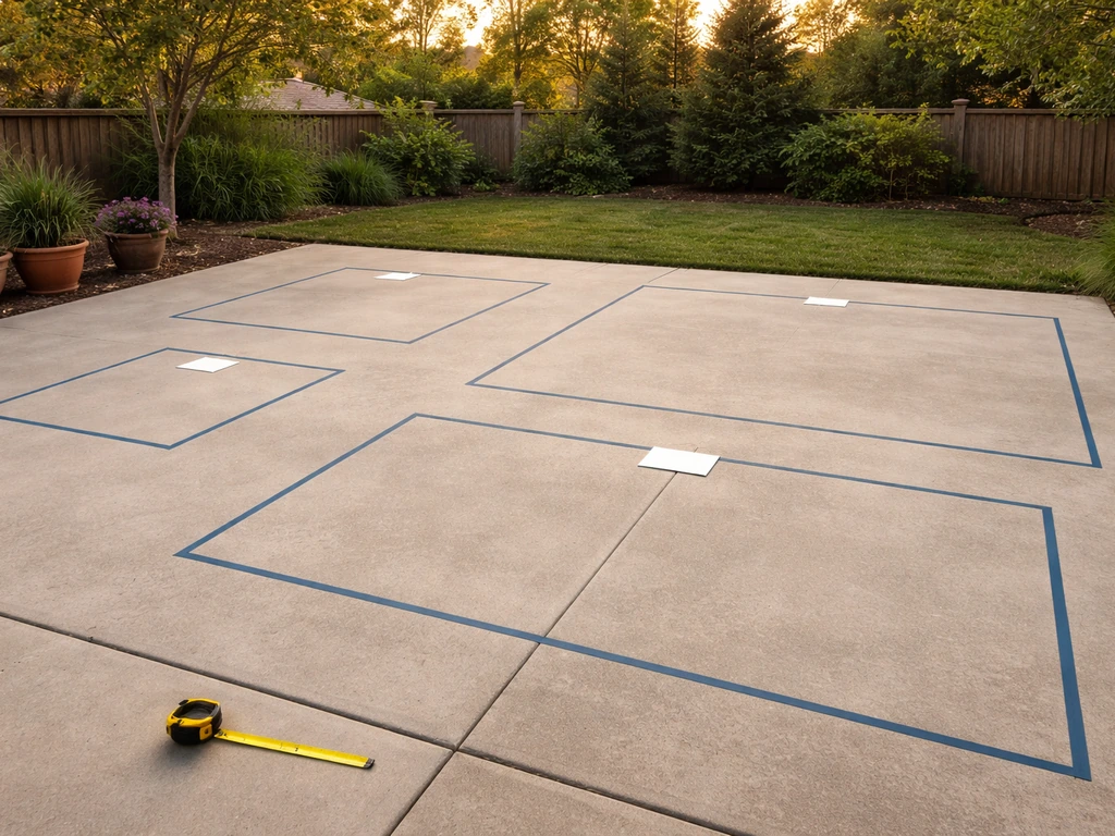 Minimal photo of a backyard patio with tape-measured square sections showing 12x12, 14x14, 16x16, 20x20.