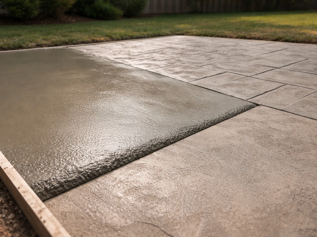 Wet poured concrete transitions to finished stamped concrete on an outdoor patio footprint.