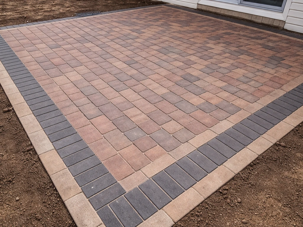 Close-up of a brick patio showing a running-bond pattern with a visible bordered edge.