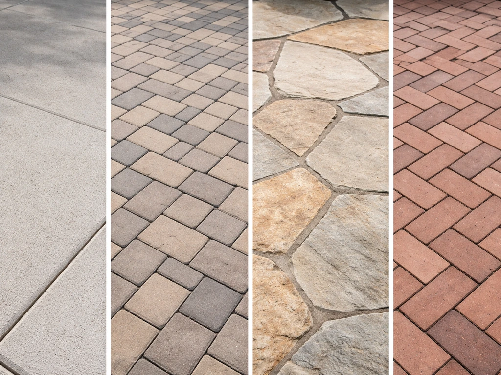 Four patio surface material samples—concrete, pavers, flagstone, and brick—shown side-by-side in daylight.