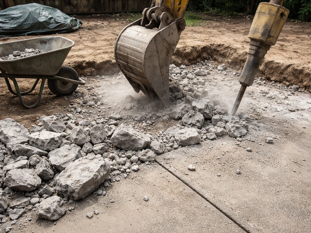 Worker breaks up old concrete patio and loads rubble into a wheelbarrow during site prep.