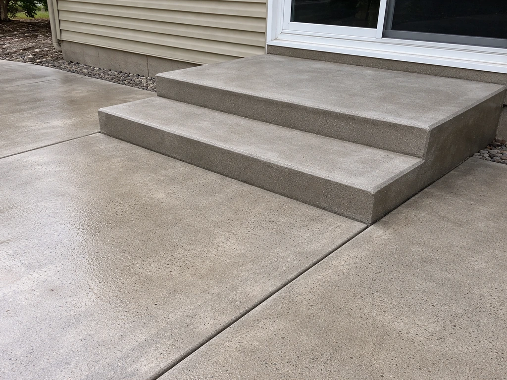 Concrete steps leading from the house to an extended patio with a flush, matched edge transition.