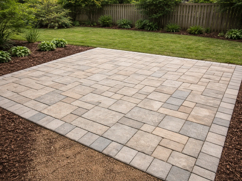 Completed patio with neatly installed stone pavers showing a clear paving pattern in a quiet backyard
