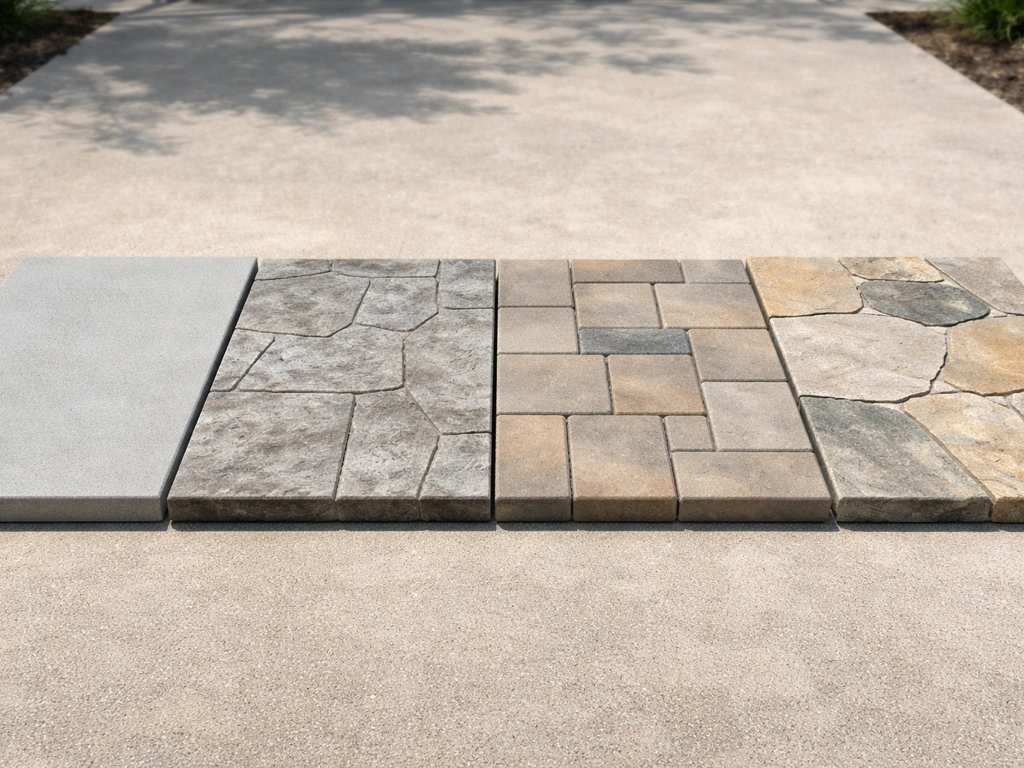 Minimal patio paving samples showing plain concrete, stamped concrete, pavers, and natural stone finishes side by side.