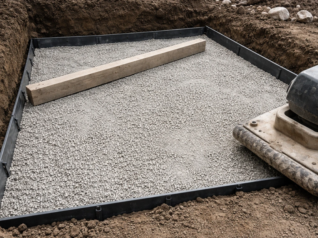 Backyard patio base excavation showing compacted granular base and metal edge restraints