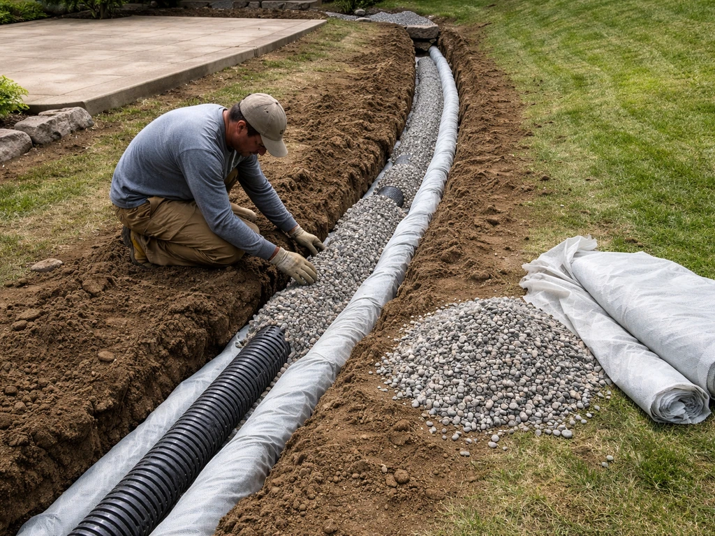 Construction crew trenching and installing perforated pipe for a French drain near a sloped backyard.