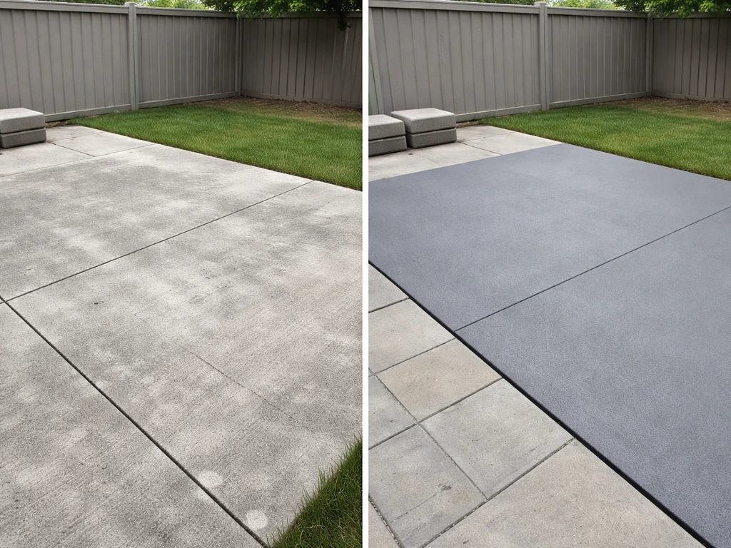 Two-panel view showing a worn concrete patio before and a clean resurfaced patio after.