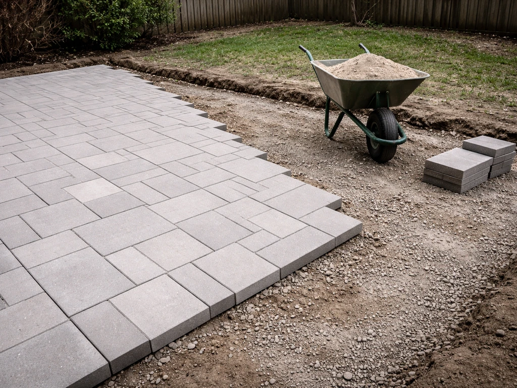Newly laid paver patio section beside exposed base gravel, showing a re-lay in progress
