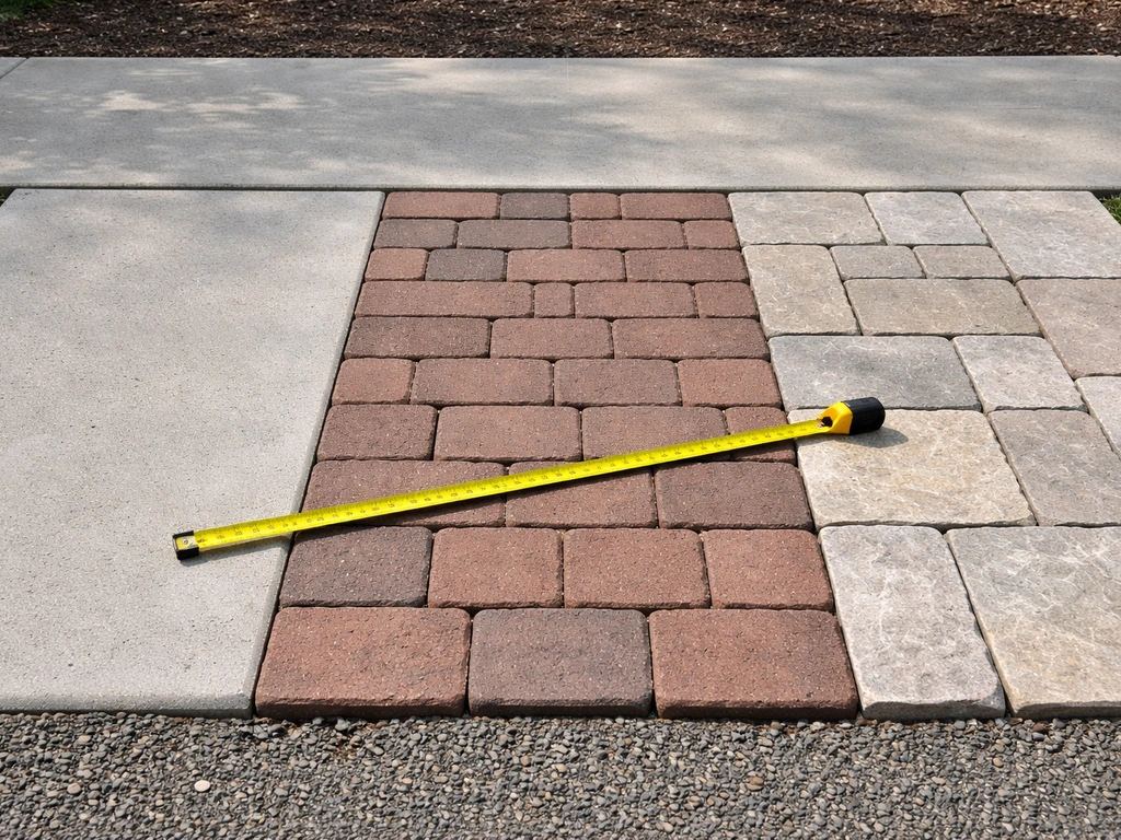 An outdoor patio with three material samples—concrete, brick pavers, and stone pavers—next to a measuring tape