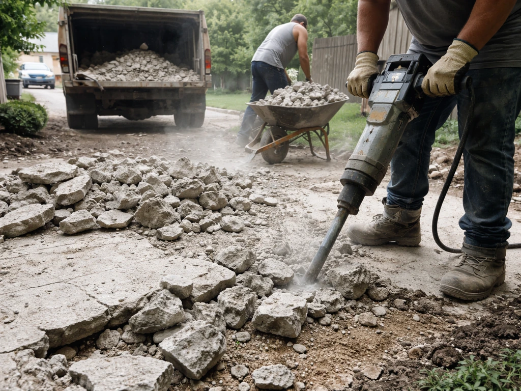 Workers breaking up an old concrete patio and loading rubble into a dump truck