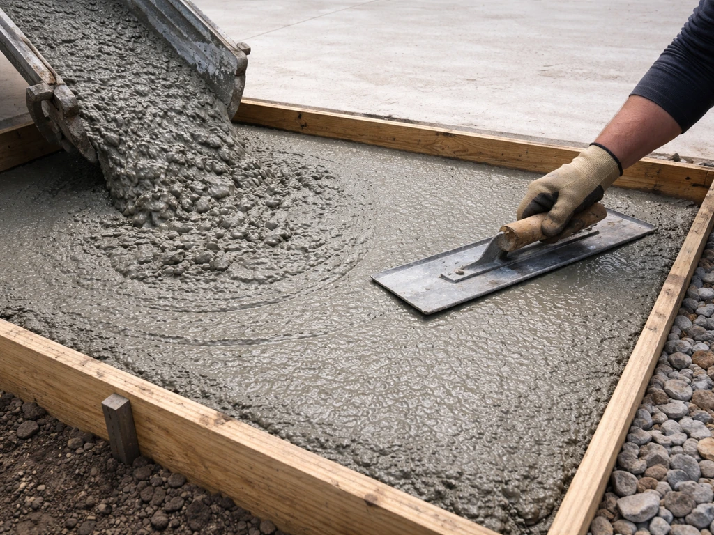 Close-up of concrete being poured into a small driveway form with smooth troweling
