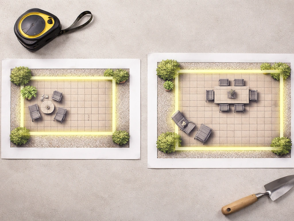 Two minimal patio layout cards with highlighted square-foot areas, shown as simple overhead cost comparison.