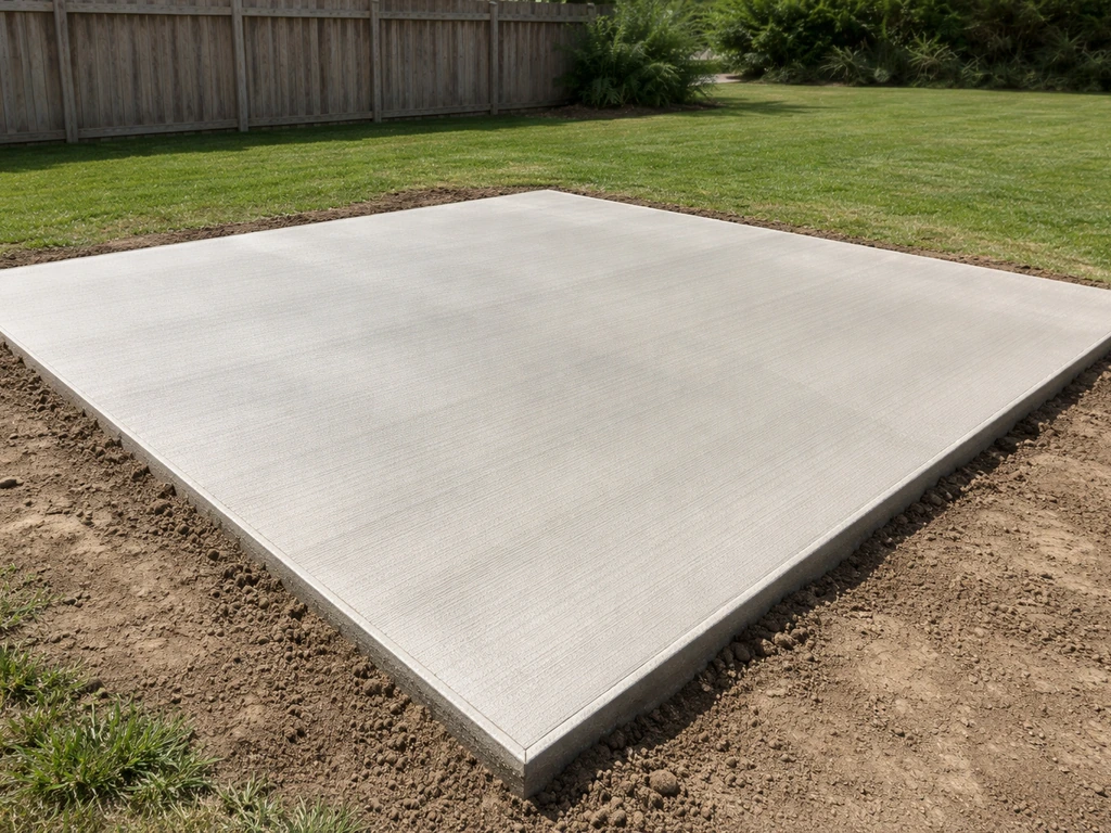 Freshly finished 12x12 concrete patio in a sunny suburban backyard, minimal view with broom-finished texture