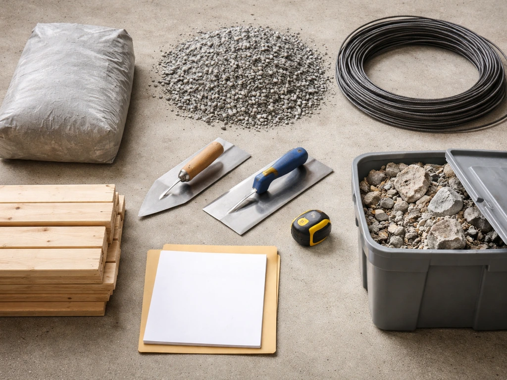 Top-down view of an organized patio quote with separate piles for materials, base prep, and delivery