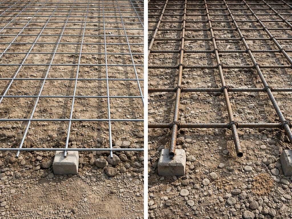 Close-up of welded wire mesh on spacers beside a rebar grid preparing a concrete patio.