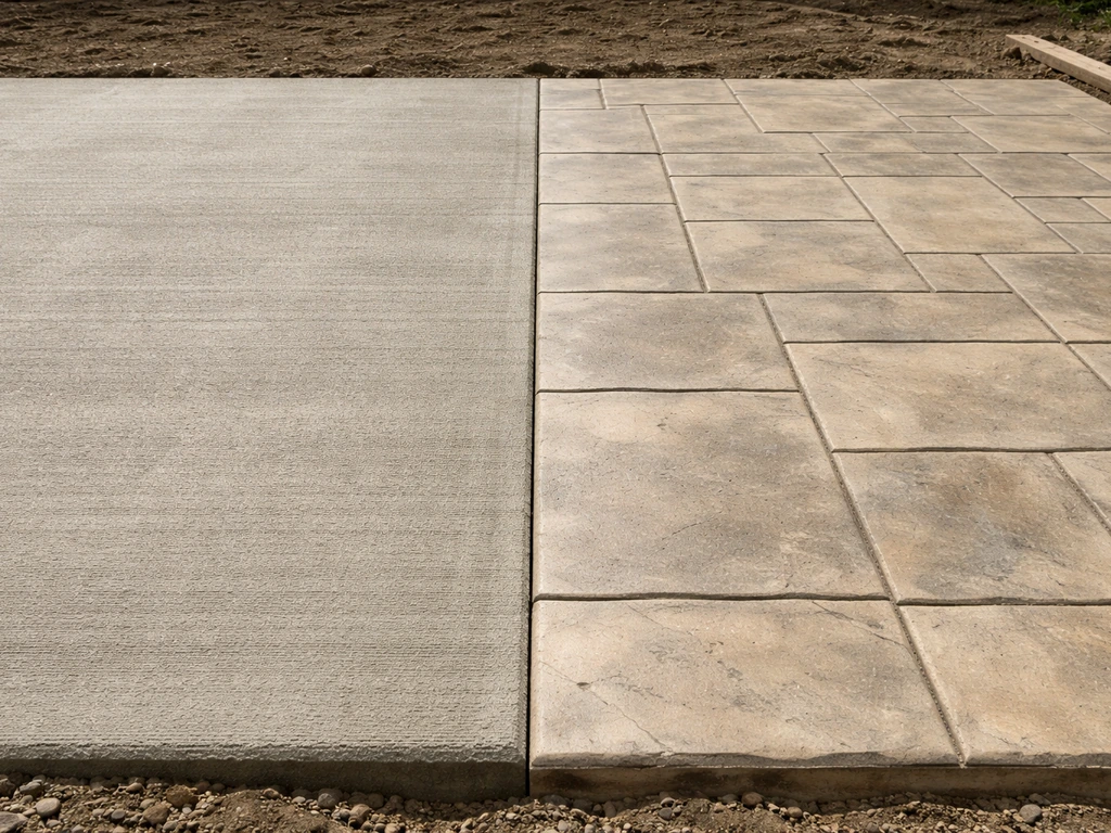 Side-by-side view of a plain broom-finished slab and a stamped, stained, colored concrete slab.