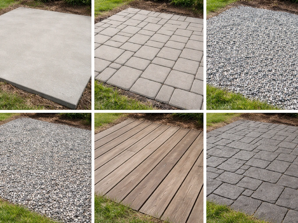 Split-view of a concrete patio, brick pavers, gravel, wood decking, and stamped asphalt in five quiet panels.