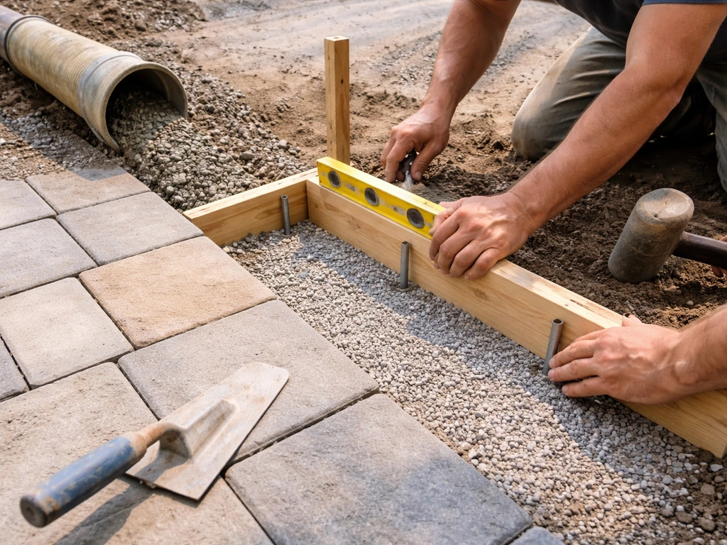 Workers setting forms and preparing a concrete pour for an outdoor patio with pavers in a flat backyard.