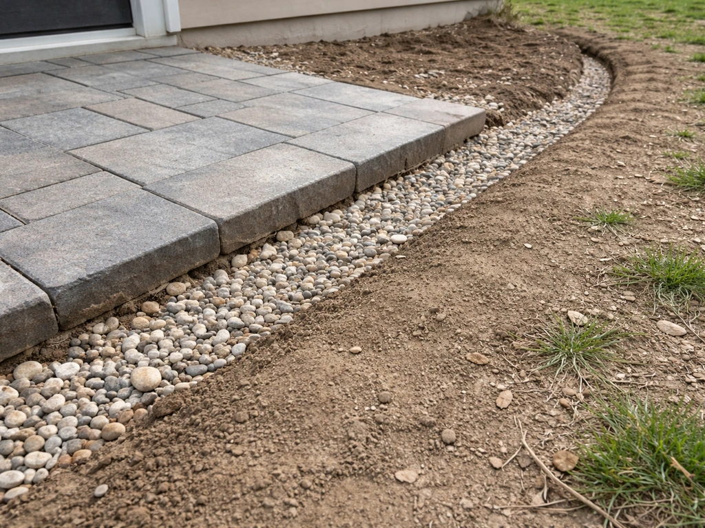 Close view of a gently sloped yard with a gravel drainage channel to prevent patio water pooling.