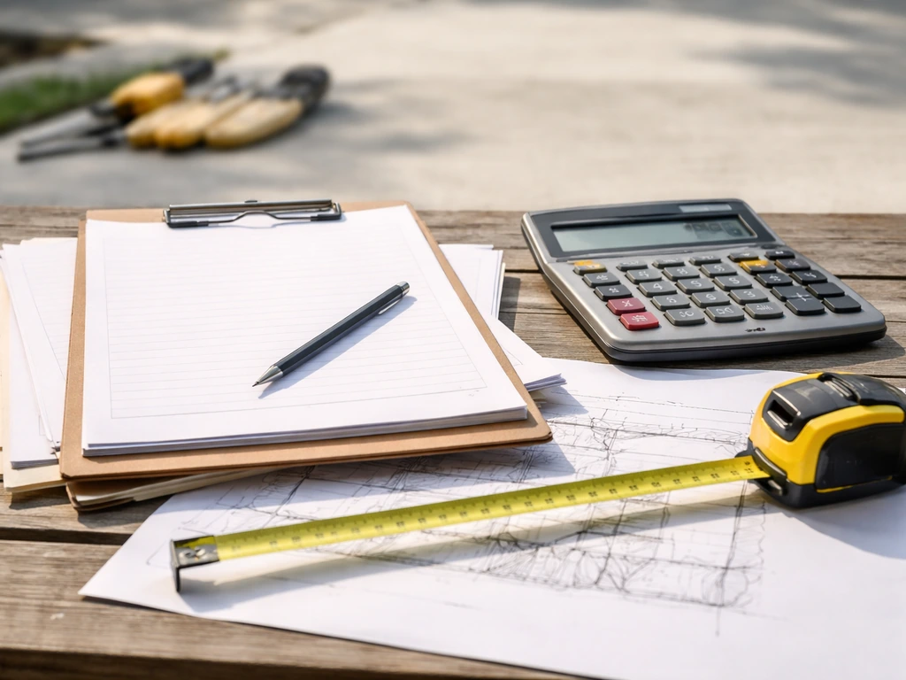 Contractor workspace with calculator and blank estimate papers suggesting per-square-foot budget conversion.