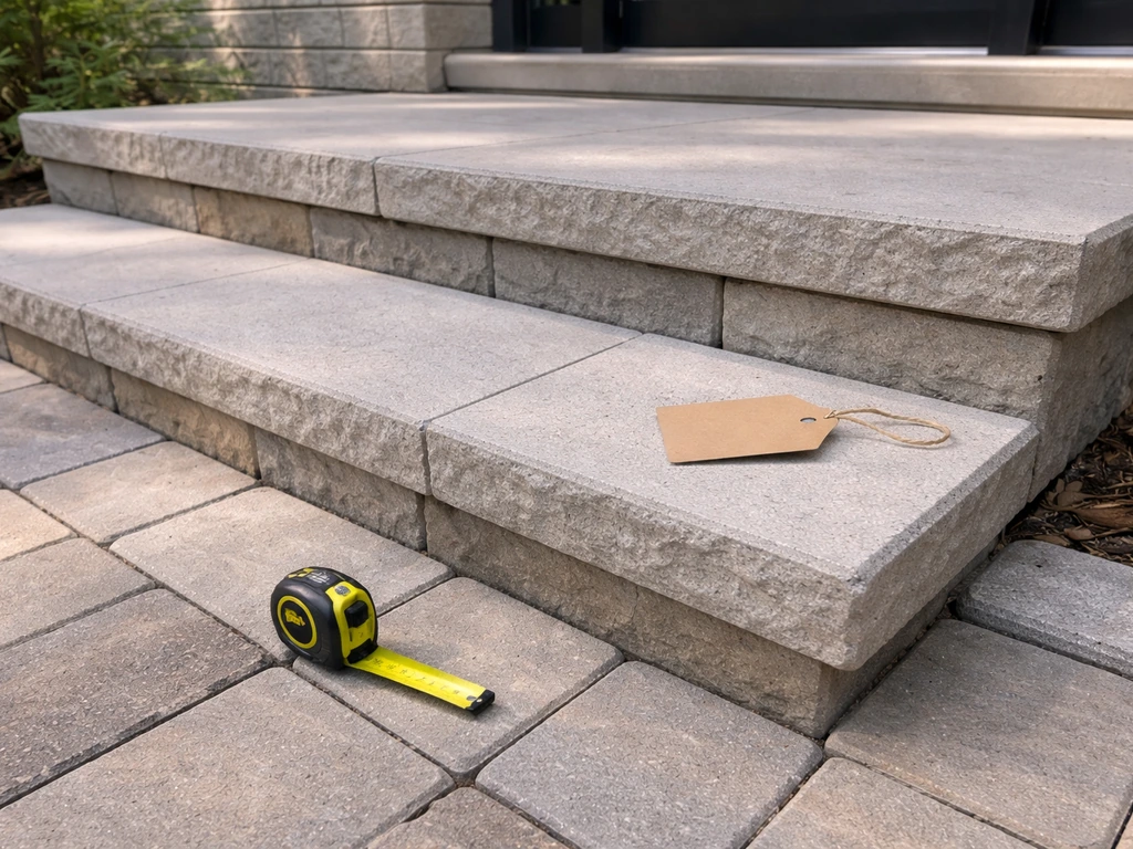 Concrete and paver patio steps leading to a home entrance, with a tape measure and blank tag for cost cue.