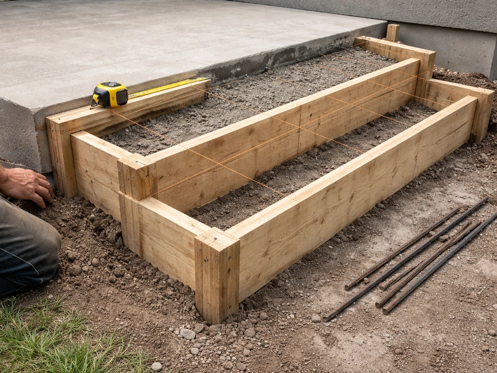 Close-up of outdoor patio step formwork with measuring tape showing rise/run layout before pouring concrete