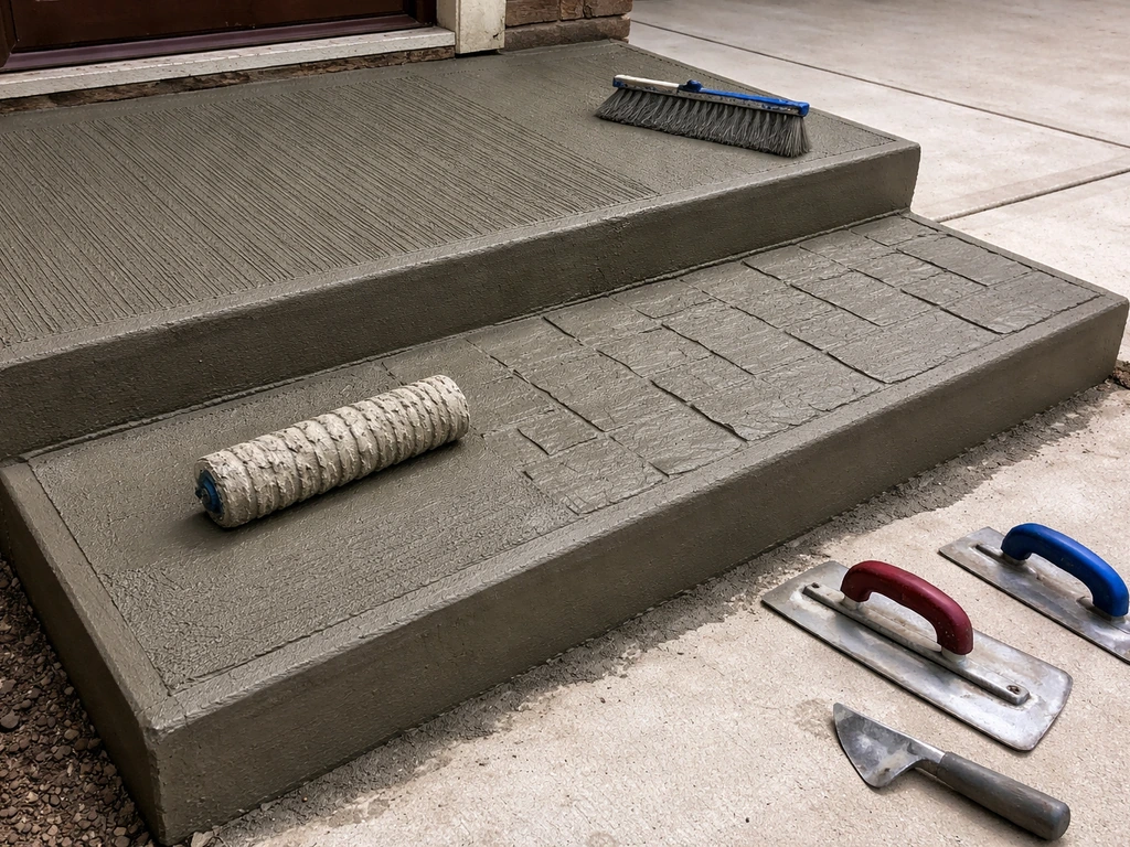 Concrete steps under construction with broom-finished surface, stamped pattern roller, and concrete edging