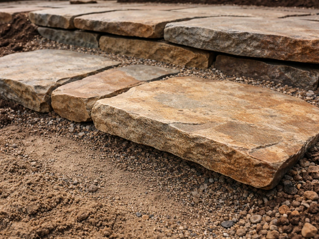 Close-up of natural stone and flagstone steps with irregular stones and dry-laid gaps